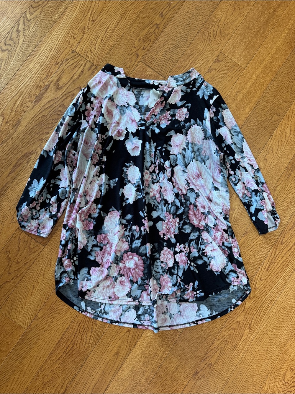 Sew In Love Black Floral V-Neck Tunic with Pink and Cream Blooms